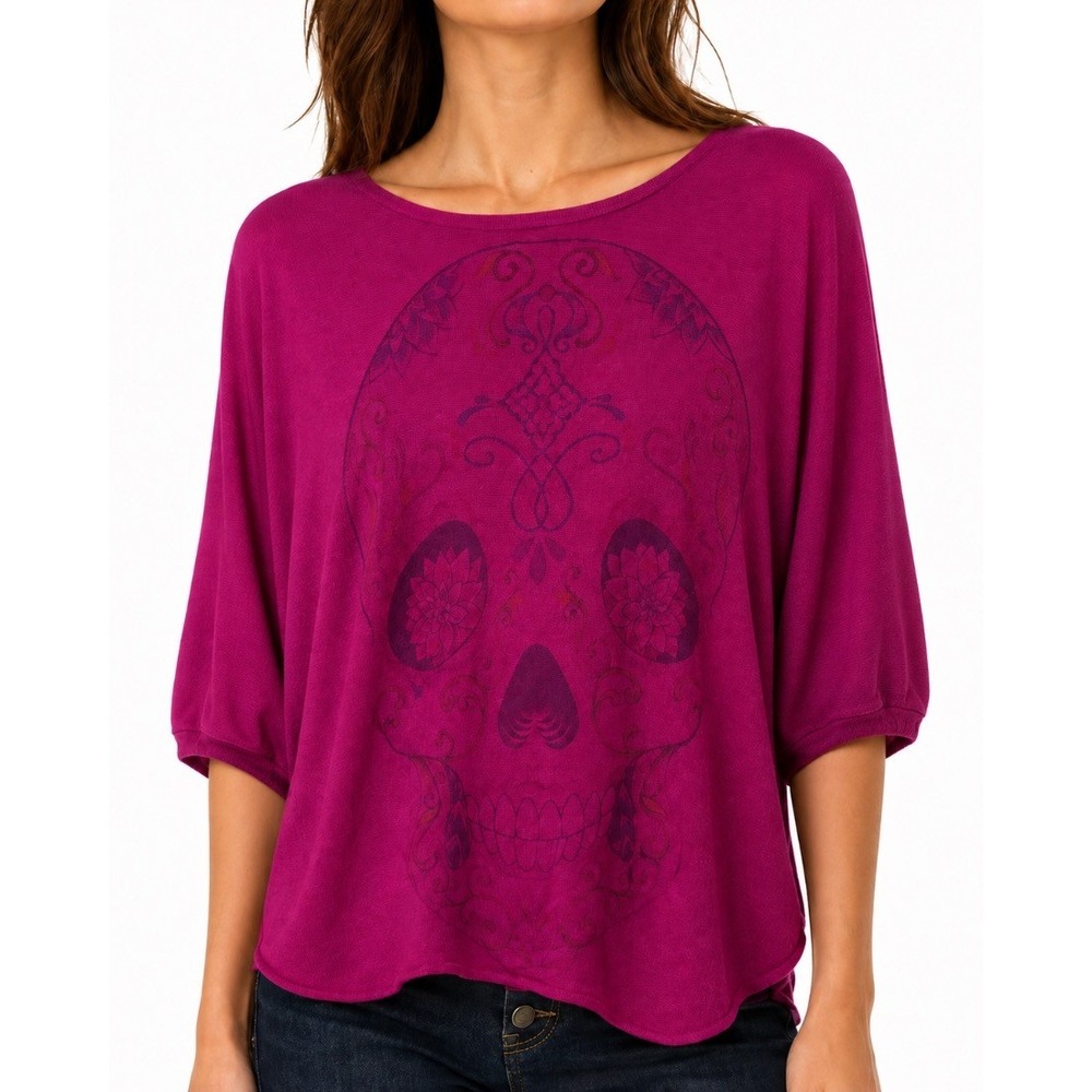 Go Couture Womens Sugar Skull Magenta Dolman Top Blouse Vintage Edition S